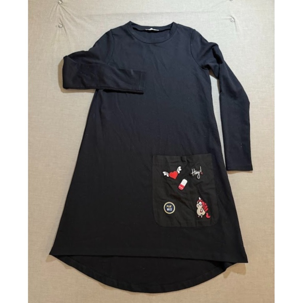 Zara Shirt Dress Women Small Black Embroidered Patches Dress Long Sleeve Ladies.
